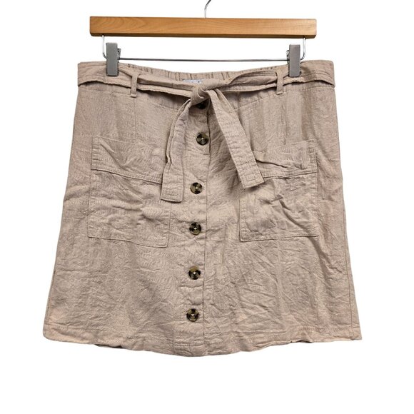 Women's M Beige Linen Blend Button MIni Skirt Preppy School Summer - Picture 1 of 5